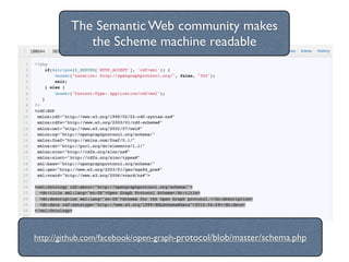 The Semantic Web community makes
            the Scheme machine readable




http://github.com/facebook/open-graph-protocol/blob/master/schema.php
 
