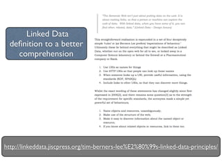 Linked Data
  deﬁnition to a better
    comprehension




http://linkeddata.jiscpress.org/tim-berners-lee%E2%80%99s-linked-data-principles/
 