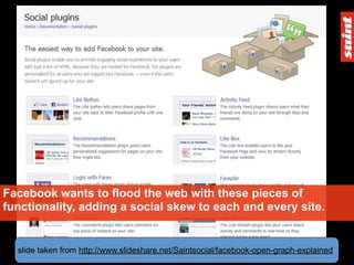 Facebook wants to flood the web with these pieces of
functionality, adding a social skew to each and every site.


  slide...