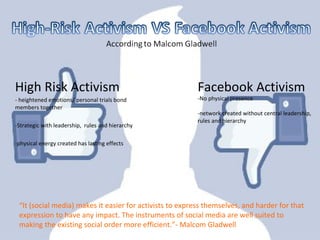 High Risk Activism                                        Facebook Activism
- heightened emotions/ personal trials bond               -No physical presence
members together
                                                          -network created without central leadership,
                                                          rules and hierarchy
-Strategic with leadership, rules and hierarchy

-physical energy created has lasting effects




 “It (social media) makes it easier for activists to express themselves, and harder for that
 expression to have any impact. The instruments of social media are well suited to
 making the existing social order more efficient.”- Malcom Gladwell
 
