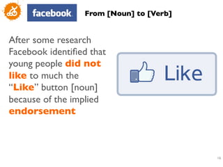 From [Noun] to [Verb]	



After some research
Facebook identiﬁed that
young people did not
like to much the
“Like” button [noun]
because of the implied
endorsement	




                                            16
                                             	

 