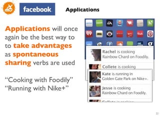 Applications	



Applications will once
again be the best way to
to take advantages
as spontaneous
sharing verbs are used	

	

“Cooking with Foodily”	

“Running with Nike+”	



                                      22
                                       	

 