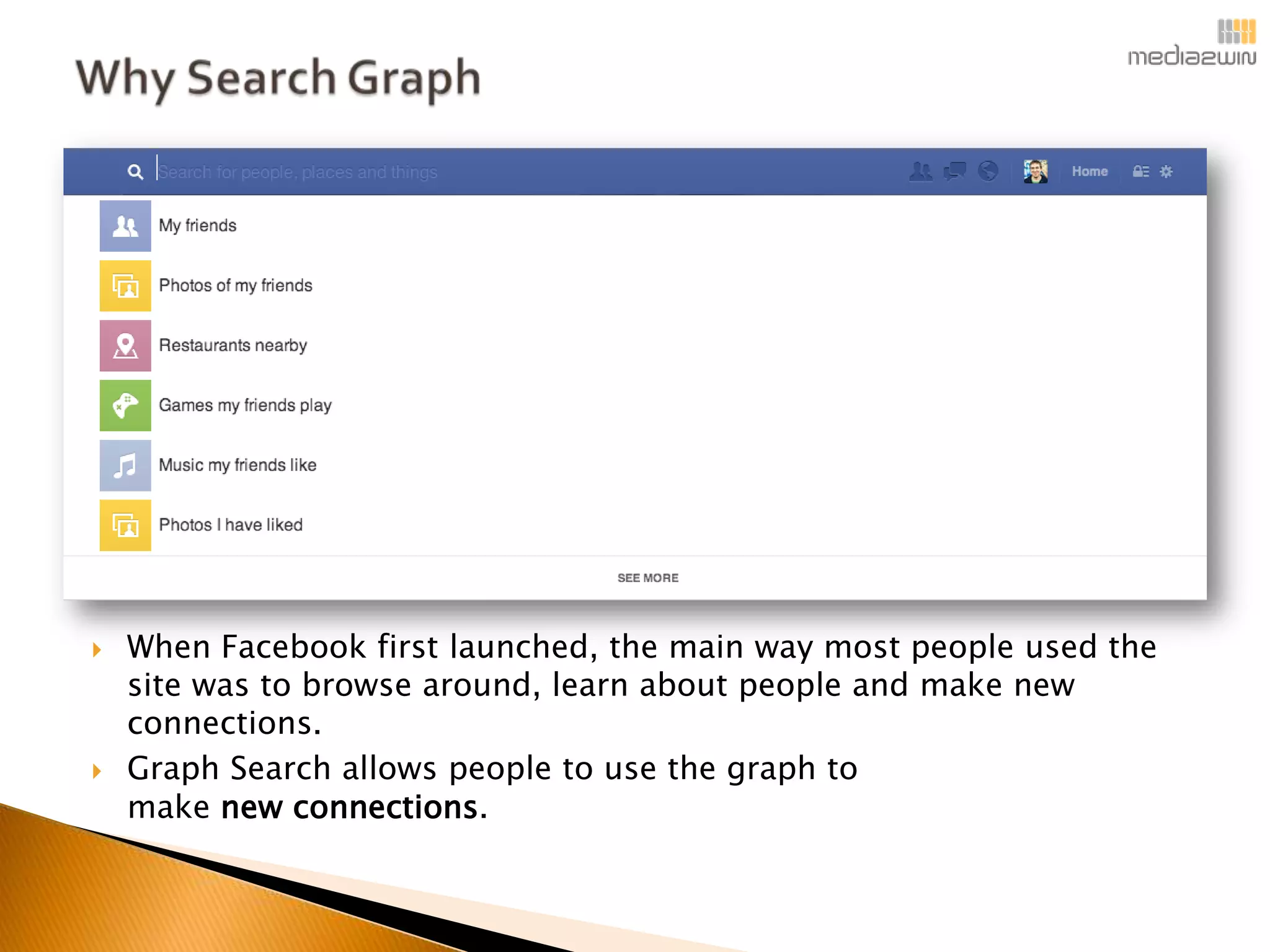    When Facebook first launched, the main way most people used the
    site was to browse around, learn about people and make new
    connections.
   Graph Search allows people to use the graph to
    make new connections.
 