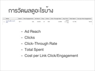 การวัดผลดูอะไรบ้าง
- Ad Reach
- Clicks
- Click-Through Rate
- Total Spent
- Cost per Link Click/Engagement
 