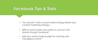 Tips for Creating Your Facebook Business 
Page 
• Create an attractive 
header graphic. Again, 
you want strong visuals. 
...
