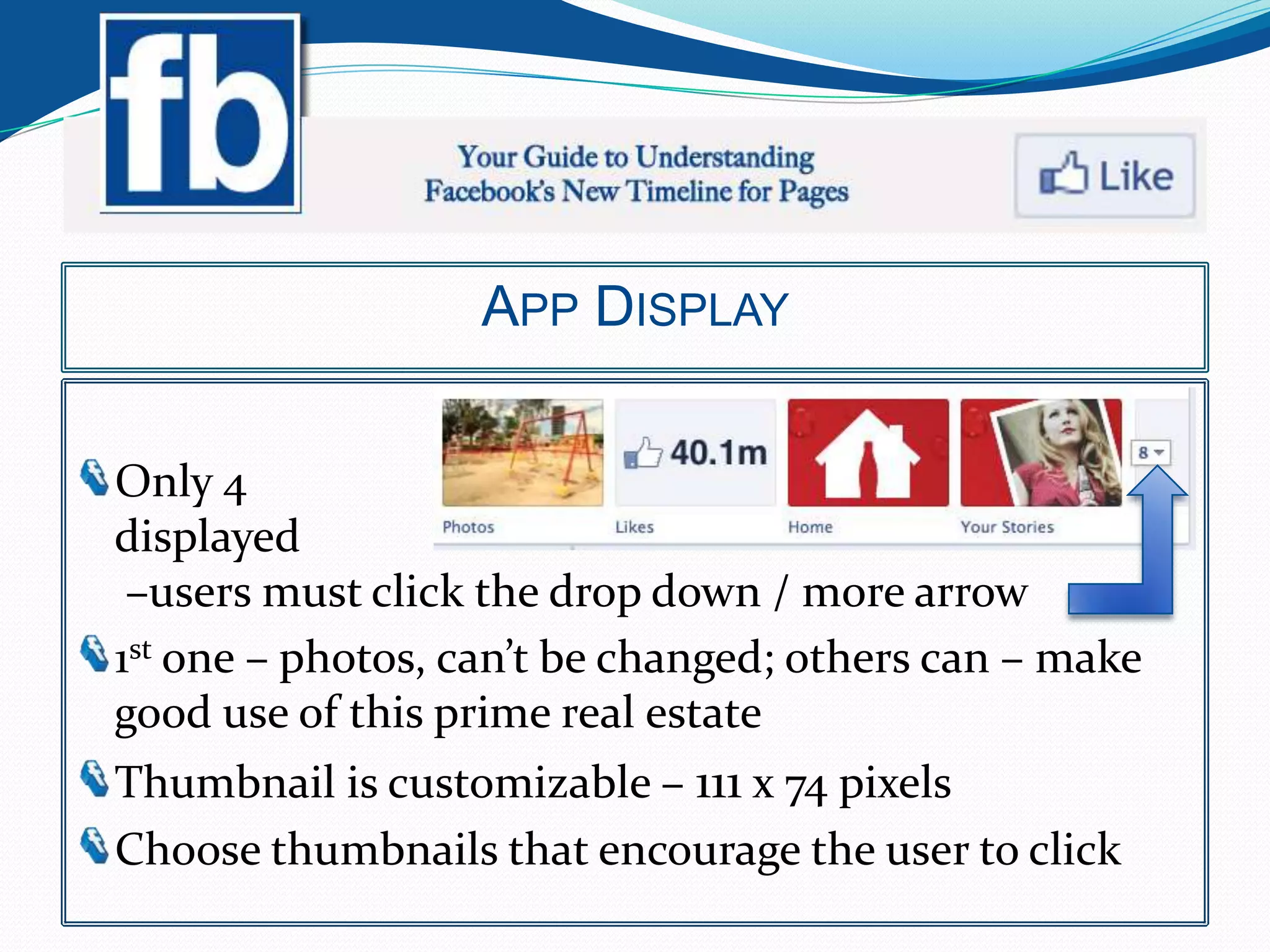 APP DISPLAY


Only 4
displayed
 –users must click the drop down / more arrow
1st one – photos, can’t be changed; others can – make
good use of this prime real estate
Thumbnail is customizable – 111 x 74 pixels
Choose thumbnails that encourage the user to click
 