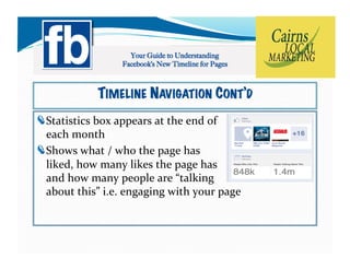 TIMELINE NAVIGATION CONT’D
!   tatistics	
  box	
  appears	
  at	
  the	
  end	
  of	
  	
  
  S
  each	
  month	
  
!   hows	
  what	
  /	
  who	
  the	
  page	
  has	
  	
  
  S
  liked,	
  how	
  many	
  likes	
  the	
  page	
  has	
  
  and	
  how	
  many	
  people	
  are	
  “talking	
  
  about	
  this”	
  i.e.	
  engaging	
  with	
  your	
  page	
  	
  
 