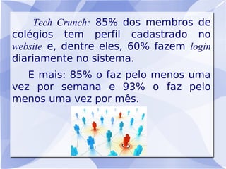 Tech Crunch: 85% dos membros de
colégios tem perfil cadastrado no
website e, dentre eles, 60% fazem login
diariamente no sistema.
   E mais: 85% o faz pelo menos uma
vez por semana e 93% o faz pelo
menos uma vez por mês.
 