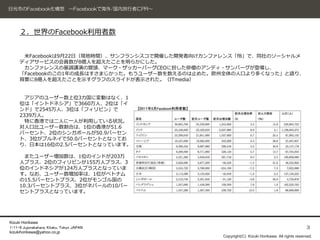 日光市のFacebook化構想 ～Facebookで海外/国内旅行者にPR～




     ２．世界のFacebook利用者数


      米Facebookは9月22日（現地時間）、サンフランシスコで開催した開発者向けカンファレンス「f8」で、同社のソーシャルメ
     ディアサービスの会員数が8億人を超えたことを明らかにした。
      カンファレンスの基調講演の冒頭、マーク・ザッカーバーグCEOに扮した俳優のアンディ・サンバーグが登場し、
     「Facebookのこの1年の成長はすさまじかった。もうユーザー数を数えるのは止めた。欧州全体の人口より多くなった」と語り、
     背景に8億人を超えたことを示すグラフのスライドが表示された。（ITmedia）


       アジアのユーザー数上位3カ国に変動はなく、1
     位は「イントドネシア」で3660万人、2位は「イ
     ンド」で2545万人、3位は「フィリピン」で
     2339万人。
       特に香港では二人に一人が利用している状況。
     対人口比ユーザー数割合は、1位の香港が51.6
     パーセント、2位のシンガポールが50.9パーセン
     ト、3位がブルネイで50.0パーセントとなってお
     り、日本は16位の2.5パーセントとなっています。

       またユーザー増加数は、1位のインドが203万
     人プラス、2位のフィリピンが155万人プラス、3
     位のインドネシアが124万人プラスとなっていま
     す。なお、ユーザー数増加率は、1位がベトナム
     の15.5パーセントプラス、2位がモンゴル国の
     10.3パーセントプラス、3位がネパールの10パー
     セントプラスとなっています。




Kizuki Horikawa
1-11-8 Jujonakahara, Kitaku, Tokyo JAPAN                                                         3
kizukihorikawa@yahoo.co.jp
                                                  Copyright(C) Kizuki Horikawa. All rights reserved.
 