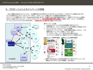 日光市のFacebook化構想 ～Facebookで海外/国内旅行者にPR～




     5．プロモーションとキャンペーンの実施

       Fanに情報が告知されることにより、その情報が良ければ知り合いに広げることになります。これを口コミの拡散と言います。
      口コミを拡散する人はインフルエンサーと呼び、プロモーション活動においては重要な役割を果たします。
      キャンペーンの実施においては、Facebook広告も用いますが、長期的にはFan数の増加を目的とし、良質でリアルタイムな情報
      をFanにお届けすることにより、このインフルエンサーと「日光の観光情報に触れる機会」を増やします。そして、次の休暇(バ
      ケーション)にどこに行こうかと考えた時に、「日光に行こうと思うきっかけ」を与えます。

                                                                ◆キャンペーンの例
                                                    more...
                                                     more...
                                                                １．Facebookアプリによる日光世界遺産に関するクイズ
                                                      more...     高得点者には、フリーバスのチケットや入場券などを提供します。
                          店舗
                                                                ２．アートフェスティバル(コンテスト)の開催
                                              友達
                                                                  世界中のアーティストから、写真や動画を投稿してもらい、一定
                 スタッフ                                             期間を設けてユーザーに投票してもらいます。
                                                   友達             アートのテーマは、フリー形式と日光に纏わるもの。
                                                                  コンテストの上位者には、賞金やプレゼントを提供します。
                                  インフル
                                  エンサー                  友達
     オフィシャル

                                       友達
          キャンペーン
                                                         友達
                                           インフル
                                           エンサー

                                                        友達



                                                    友達
                                   宿泊施設
           日光関係者                                                ※現在、Facebook上では有名企業を中心に様々なキャンペーンが
                                                                 開催されています。左が大塚製薬、右がXBOX


Kizuki Horikawa
1-11-8 Jujonakahara, Kitaku, Tokyo JAPAN                                                                                       6
kizukihorikawa@yahoo.co.jp
                                                                                Copyright(C) Kizuki Horikawa. All rights reserved.
 