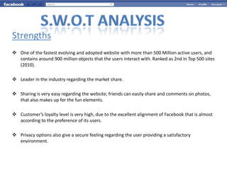 Strengths
 One of the fastest evolving and adopted website with more than 500 Million active users, and
  contains around 900 million objects that the users interact with. Ranked as 2nd in Top 500 sites
  (2010).

 Leader in the industry regarding the market share.

 Sharing is very easy regarding the website; friends can easily share and comments on photos,
  that also makes up for the fun elements.

 Customer’s loyalty level is very high, due to the excellent alignment of Facebook that is almost
  according to the preference of its users.

 Privacy options also give a secure feeling regarding the user providing a satisfactory
  environment.
 
