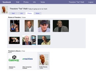 facebook             Wall          Photos        Info             Notes            Theodore “Ted” Waitt   Logout



       Theodore “Ted” Waitt Today im going out on my Yacht

              Wall          Info       Photos           Notes


     Photos of Theodore 7 Photos




     Theodore’s Albums 3 Photo
     Albums




      Gateway Inc.             Other Companies                  Profile Pictures
      5 photos                 5 photos                         1 photo
 