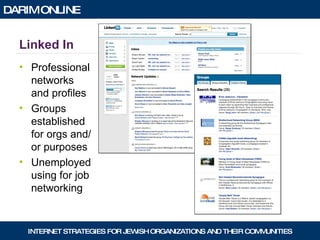 Linked In Professional networks and profiles Groups established for orgs and/or purposes Unemployed using for job networking 