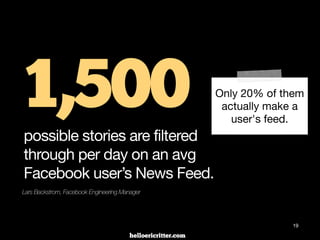digitalneighbor.com
19
1,500possible stories are filtered
through per day on an avg
Facebook user’s News Feed.
Lars Backstrom, Facebook Engineering Manager
Only 20% of them
actually make a
user's feed.
 