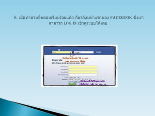 8. เมื่อทำตามขั้นตอนเรียบร้อยแล้ว ก็มาถึงหน้าแรกของ facebookซึ่งเราสามารถ Log in เข้าสู่ระบบได้เลย