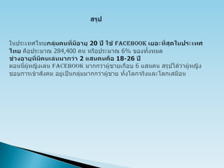 สรุปในประเทศไทยกลุ่มคนที่มีอายุ 20 ปี ใช้ Facebookเยอะที่สุดในประเทศไทย คือประมาณ 284,400 คน หรือประมาณ 6% ของทั้งหมดช่วงอายุที่มีคนเล่นมากว่า 2 แสนคนคือ 18-26 ปีตอนนี้ผู้หญิงเล่น Facebookมากกว่าผู้ชายเกือบ 6 แสนคน สรุปได้ว่าผู้หญิง ชอบการเข้าสังคม อยู่เป็นกลุ่มมากกว่าผู้ชาย ทั้งโลกจริงและโลกเสมือน