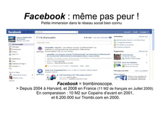Facebook  : même pas peur ! Petite immersion dans le réseau social bien connu Facebook   = trombinoscope .  > Depuis 2004 à Harvard, et 2008 en France  (11 M2 de français en Juillet 2009).   En comparaison : 10 M2 sur Copains d'avant en 2001,  et 6.200.000 sur Trombi.com en 2000. 