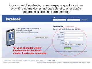 Concernant Facebook, on remarquera que lors de sa première connexion à l’adresse du site, on a accès seulement à une fiche d’inscription. *Si vous souhaitez utiliser Facebook et lire les fiches d’amis, il faut créer un compte. 