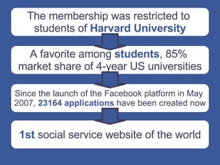 Since the launch of the Facebook platform in May  2007,  23164 applications  have been created now The membership was restricted to  students of  Harvard University A favorite among  students , 85%  market share of 4-year US universities 1st   social service website of the world 