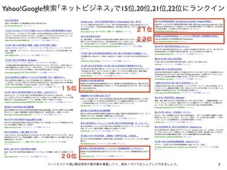 Yahoo!Google検索｢ネットビジネス｣で15位,20位,21位,22位にランクイン

                                       ２１位
                                       ２２位




             １５位




             ２０位
         イーンスパイア(株) 横田秀珠の著作権を尊重しつつ、是非ノウハウはシェアして行きましょう。   7
 
