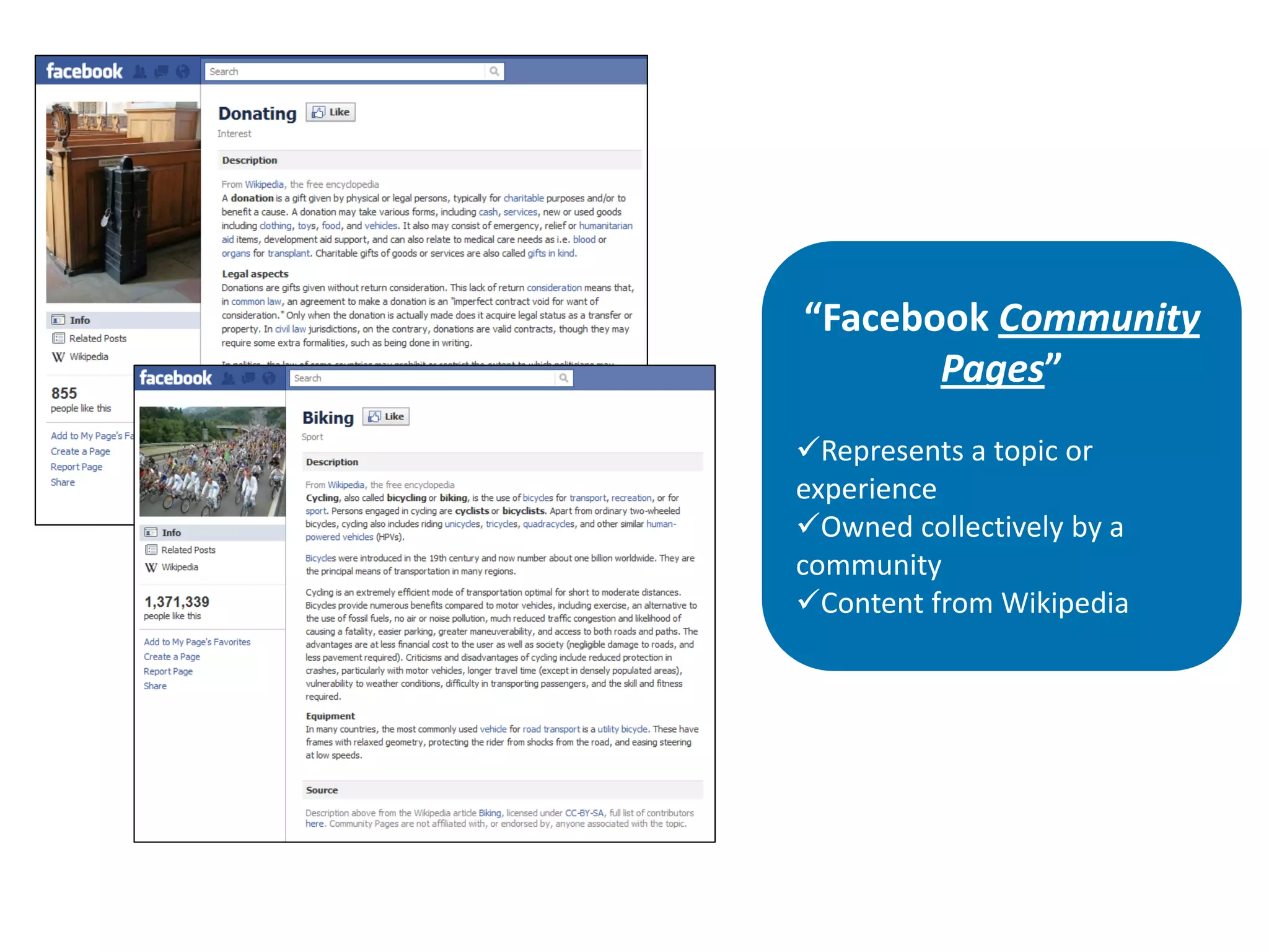 “Facebook Community
       Pages”
Represents a topic or
experience
Owned collectively by a
community
Content from Wikipedia
 