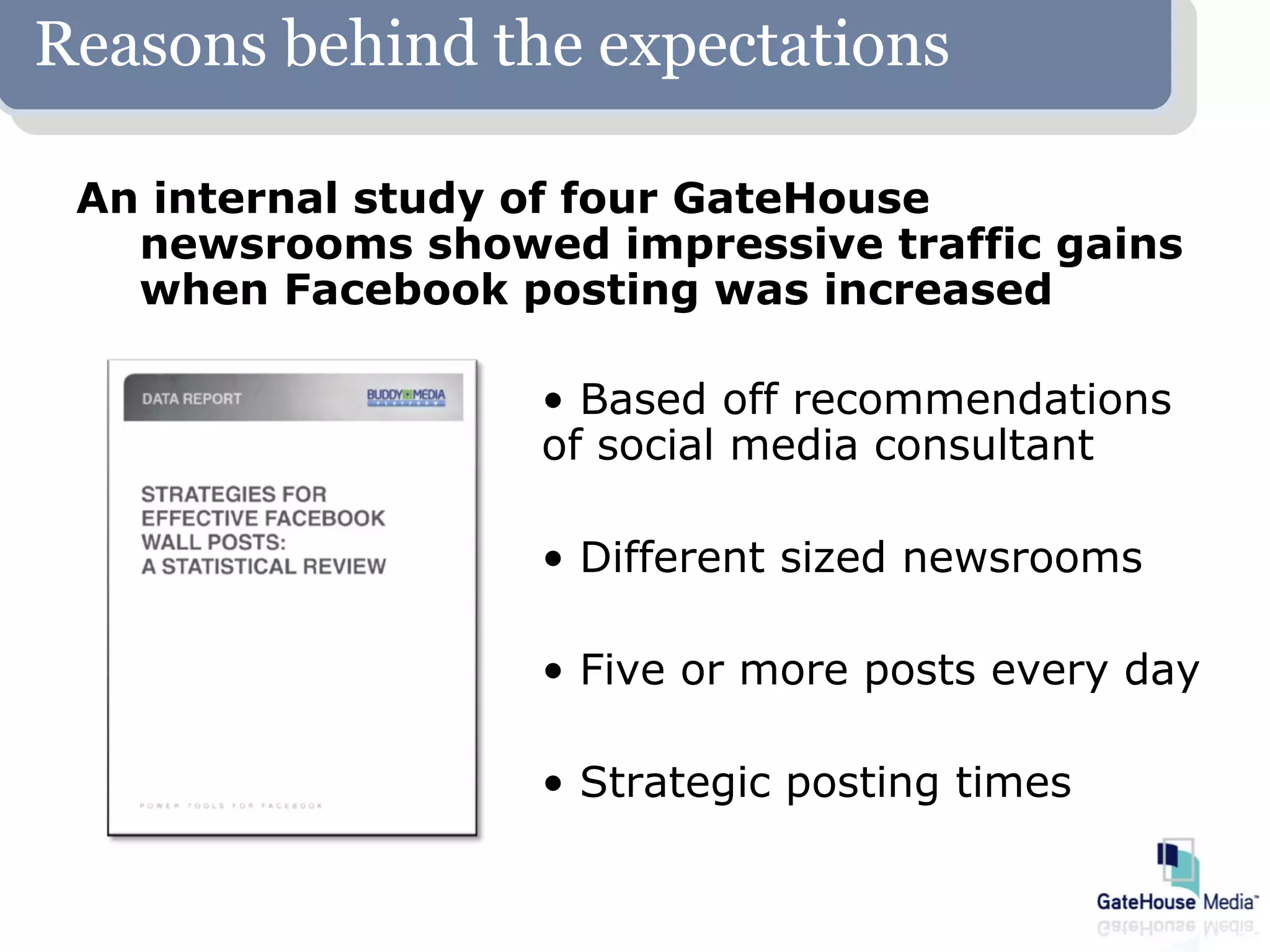 Reasons behind the expectations

 An internal study of four GateHouse
   newsrooms showed impressive traffic gains
   when Facebook posting was increased

                   • Based off recommendations
                   of social media consultant

                   • Different sized newsrooms

                   • Five or more posts every day

                   • Strategic posting times
 