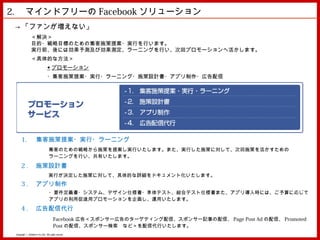 2. 　マインドフリーの Facebook ソリューション
 → 「ファンが増えない」
                ＜解決＞
                目的・戦略目標のための集客施策提案・実行を行います。
                実行前、後には効果予測及び効果測定、ラーニングを行い、次回プロモーションへ活かします。
                ＜具体的な方法＞
                                 ◆ プロモーション
                                 ・集客施策提案・実行・ラーニング・施策設計書・アプリ制作・広告配信




      1. 　集客施策提案・実行・ラーニング
                                   集客のための戦略から施策を提案し実行いたします。また、実行した施策に対して、次回施策を活かすための
                                   ラーニングを行い、共有いたします。

      2 . 　施策設計書
                                   実行が決定した施策に対して、具体的な詳細をドキュメント化いたします。
      3 . 　アプリ制作
                                   ・要件定義書・システム、デザイン仕様書・単体テスト、総合テスト仕様書また、アプリ導入時には、ご予算に応じて
                                   アプリの利用促進用プロモーションを企画し、運用いたします。
      4 . 　広告配信代行
                                        Facebook 広告＜スポンサー広告のターゲティング配信、スポンサー記事の配信、 Page Post Ad の配信、 Promoted
                                        Post の配信、スポンサー検索　など＞を配信代行いたします。
 Copyright © MindFree Co.,Ltd. All rights reserved.
 