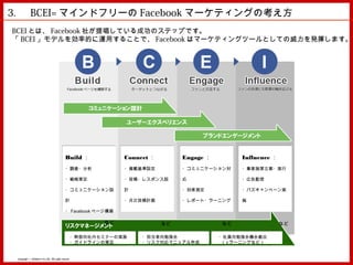 3. 　 BCEI= マインドフリーの Facebook マーケティングの考え方
BCEI とは、 Facebook 社が提唱している成功のステップです。
「 BCEI 」モデルを効率的に運用することで、 Facebook はマーケティングツールとしての威力を発揮します。




                                              Build ：            Connect ：        Engage ：         Influence ：
                                              ・調査・分析             ・掲載基準設定          ・コミュニケーション対      ・集客施策立案・実行

                                              ・戦略策定              ・投稿・レスポンス設       応                ・広告配信

                                              ・コミュニケーション設        計                ・効果測定            ・バズキャンペーン実

                                              計                  ・月次投稿計画          ・レポート・ラーニング      施

                                              ・ Facebook ページ構築

                                                          など                 など              など                  など

                                                  ・幹部向社内セミナーの実施       ・担当者向勉強会               ・社員向勉強会機会創出
                                                  ・ガイドラインの策定          ・リスク対応マニュアル作成           （ e ラーニングなど）


 Copyright © MindFree Co.,Ltd. All rights reserved.
 