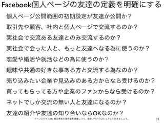 Facebook個人ページの友達の定義を明確にする
個人ページ公開範囲の初期設定が友達か公開か？
取引先や顧客、社内と個人ページで交流するのか？
実社会で交流ある友達とのみ交流するのか？
実社会で会った人と、もっと友達へなる為に使うのか？
恋愛や婚活や就活などの為に使うのか？
趣味や共通の好きな事ある方と交流する為なのか？
売り込みたい企業や見込みのある方からなら受けるのか？
買ってもらってる方や企業のファンからなら受けるのか？
ネットでしか交流の無い人と友達になるのか？
友達の紹介や友達の知り合いならOKなのか？
     イーンスパイア(株) 横田秀珠の著作権を尊重しつつ、是非ノウハウはシェアして行きましょう。   21
 