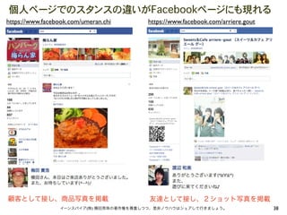 個人ページでのスタンスの違いがFacebookページにも現れる
https://www.facebook.com/umeran.chi     https://www.facebook.com/arriere.gout




顧客として接し、商品写真を掲載                          友達として接し、２ショット写真を掲載
                 イーンスパイア(株) 横田秀珠の著作権を尊重しつつ、是非ノウハウはシェアして行きましょう。                  38
 