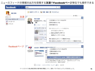ニュースフィードの情報の出方を投稿する友達やFacebookページ単位でも操作できる




           友達




   Facebookページ




           イーンスパイア(株) 横田秀珠の著作権を尊重しつつ、是非ノウハウはシェアして行きましょう。   46
 