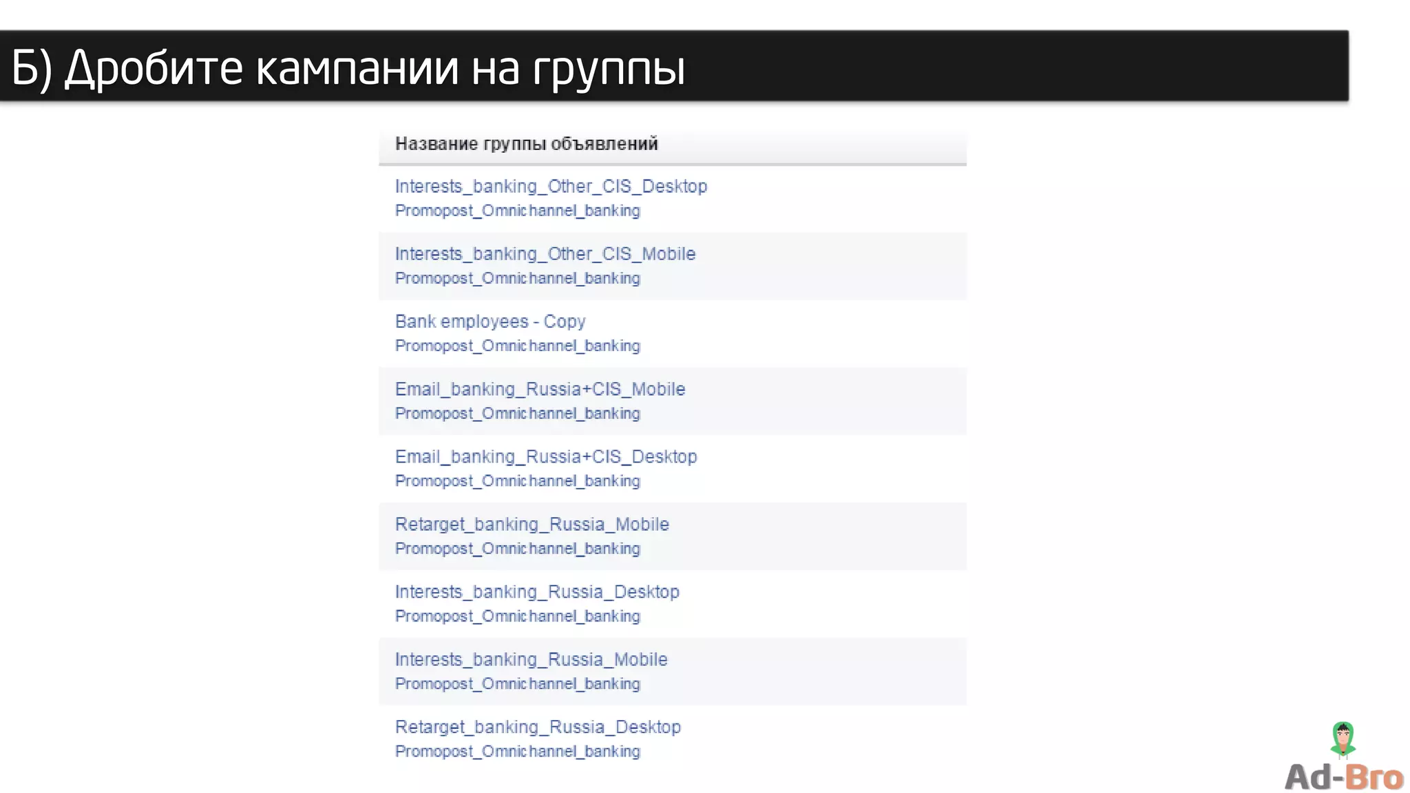 Б) Дробите кампании на группы
 