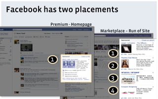 Facebook has two placements
          Premium - Homepage
                               Marketplace – Run of Site




                                    1
          1
                                    2
                                    3
                                    4
 