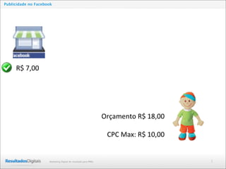 2Marketing Digital de resultado para PMEs
Publicidade no Facebook
R$	
  7,00
Orçamento	
  R$	
  18,00
CPC	
  Max:	
  R$	
  10,00
 