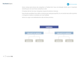 10 Facebook Ads
Vamos começar pela estrutura das campanhas no Facebook Ads. Houve uma alteração recente nela e é importante
entendê-la para criar suas futuras campanhas na rede.
O Facebook Ads tem três níveis: Campanhas, Conjunto de anúncios e Anúncios.
Essas divisões possibilitam focar melhor os anúncios para cada grupo específico, ter um controle maior sobre orçamento
e cronograma e analisar os resultados com mais facilidade.
Vamos ver a seguir mais detalhadamente cada nível dessa estrutura.
CAMPANHA
CONJUNTODEANÚNCIOS CONJUNTODEANÚNCIOS
ANÚNCIOSANÚNCIOS ANÚNCIOSANÚNCIOS
 