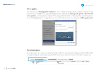 28 Facebook Ads
Outras opções:
Para criar anúncios de Participação no evento, basta inserir a URL do evento já criado no Facebook e editar os campos
dos anúncios, que não diferem dos passos mostrados nos slides anteriores. Em Instalações do aplicativo e Envolvimento
com o aplicativo, é preciso que a sua empresa tenha um app para inserir a URL e criar a campanha. Sua empresa precisa
ter uma oferta já publicada na sua página ou criar uma no momento de montar uma campanha de Obtenção de oferta:
Níveis da campanha
No seu gerenciador de anúncios você poderá administrar cada nível de suas campanhas. É possível alterar informações
como segmentação do público, orçamento, etc. No fim desse eBook falamos mais sobre métricas do Facebook Ads.
 