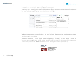 35 Facebook Ads
Em seguida, vem provavelmente a parte mais importante: os interesses.
Esse campo busca pelas informações que estão disponíveis no perfil de cada usuário. Isso inclui seu cargo, as páginas
que ele curtiu, coisas que publica e que demonstrou interesse com cliques:
Para especificar ainda mais o perfil do seu público, em “Mais categorias” há algumas opções interessantes e que podem
ser relevantes para o seu negócio.
Em eventos, por exemplo, é possível escolher os que fazem aniversário em breve. Já em status familiar, é possível ver
quem está noivo ou os que moram longe da família e da cidade natal. A consequência são ofertas muito mais assertivas
e interessantes, como essa da TAM, focada em moradores de Florianópolis com família em São Paulo:
 