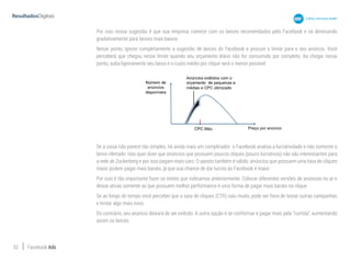 52 Facebook Ads
Por isso nossa sugestão é que sua empresa comece com os lances recomendados pelo Facebook e vá diminuindo
gradativamente para lances mais baixos.
Nesse ponto, ignore completamente a sugestão de lances do Facebook e procure o limite para o seu anúncio. Você
perceberá que chegou nesse limite quando seu orçamento diário não for consumido por completo. Ao chegar nesse
ponto, suba ligeiramente seu lance e o custo médio por clique será o menor possível:
Se a coisa não parece tão simples, há ainda mais um complicador: o Facebook analisa a lucratividade e não somente o
lance ofertado. Isso quer dizer que anúncios que possuem poucos cliques (pouco lucrativos) não são interessantes para
a rede de Zuckerberg e por isso pagam mais caro. O oposto também é válido: anúncios que possuem uma taxa de cliques
maior podem pagar mais barato, já que sua chance de dar lucros ao Facebook é maior.
Por isso é tão importante fazer os testes que indicamos anteriormente. Colocar diferentes versões de anúncios no ar e
deixar ativas somente as que possuem melhor performance é uma forma de pagar mais barato no clique.
Se ao longo do tempo você perceber que a taxa de cliques (CTR) caiu muito, pode ser hora de testar outras campanhas
e tentar algo mais novo.
Do contrário, seu anúncio deixará de ser exibido. A outra opção é se conformar e pagar mais pela “curtida”, aumentando
assim os lances.
 