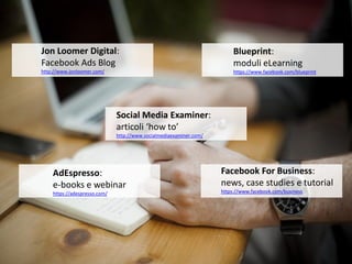 Social Media Examiner:
articoli ‘how to’
http://www.socialmediaexaminer.com/
Jon Loomer Digital:
Facebook Ads Blog
http://www.jonloomer.com/
Blueprint:
moduli eLearning
https://www.facebook.com/blueprint
AdEspresso:
e-books e webinar
https://adespresso.com/
Facebook For Business:
news, case studies e tutorial
https://www.facebook.com/business
 