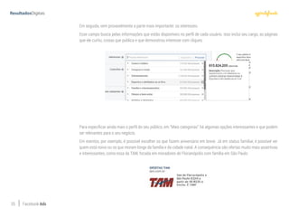 35 Facebook Ads
Em seguida, vem provavelmente a parte mais importante: os interesses.
Esse campo busca pelas informações que estão disponíveis no perfil de cada usuário. Isso inclui seu cargo, as páginas
que ele curtiu, coisas que publica e que demonstrou interesse com cliques:
Para especificar ainda mais o perfil do seu público, em “Mais categorias” há algumas opções interessantes e que podem
ser relevantes para o seu negócio.
Em eventos, por exemplo, é possível escolher os que fazem aniversário em breve. Já em status familiar, é possível ver
quem está noivo ou os que moram longe da família e da cidade natal. A consequência são ofertas muito mais assertivas
e interessantes, como essa da TAM, focada em moradores de Florianópolis com família em São Paulo:
 