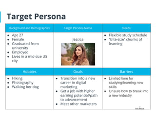 Target Persona
Background and Demographics Target Persona Name Needs
● Age 27
● Female
● Graduated from
university
● Employed
● Lives in a mid-size US
city
Jessica
● Flexible study schedule
● “Bite-size” chunks of
learning
Hobbies Goals Barriers
● Hiking
● Photography
● Walking her dog
● Transition into a new
career in digital
marketing
● Get a job with higher
earning potential/path
to advancement
● Meet other marketers
● Limited time for
studying/learning new
skills
● Unsure how to break into
a new industry
 