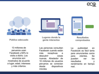 Público adecuado
13 millones de
peruanos usan
Facebook y 64% lo
visita a diario. Los
anuncios son
mostrados de acuerdo
a lugar, edad, intereses
y más criterios.
Lugares donde la
gente interactúa
Las personas consultan
Facebook cuando están
más receptivas a
descubrir cosas
nuevas. Alrededor de
10 millones de usuarios
peruanos se conectan
desde dispositivos
móviles
Resultados
comprobados
La publicidad en
Facebook es fácil tanto
para anunciantes como
para clientes. Se
pueden ver los
resultados y
rendimiento en tiempo
real.
 