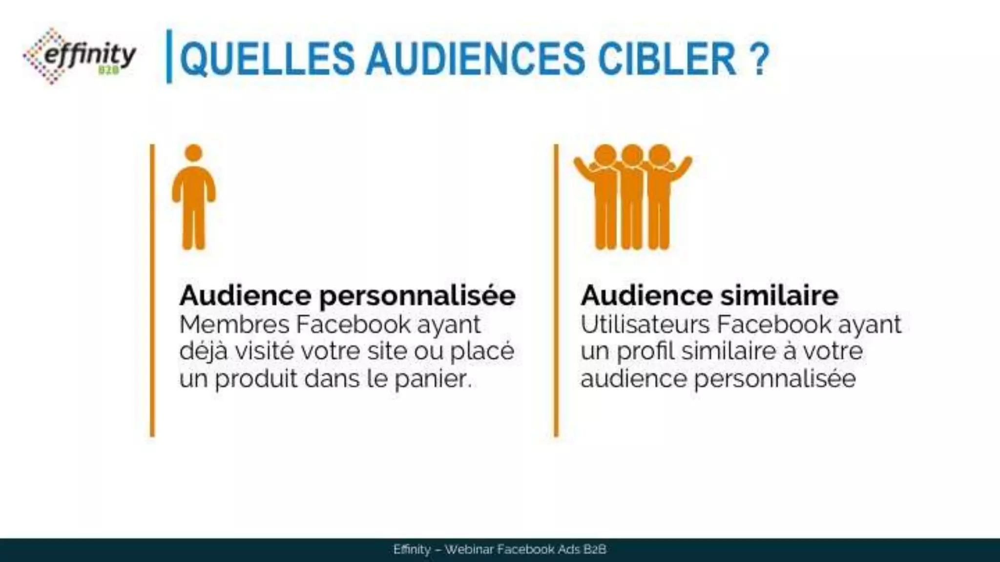 QUELLES AUDIENCES CIBLER ?
Audience personnalisée
Membres Facebook ayant
visité votre site ou placé un
produit dans le panier.
Audience similaire
Utilisateurs Facebook ayant
un profil similaire à votre
audience personnalisée
Effinity – Webinar Facebook Ads B2B
 