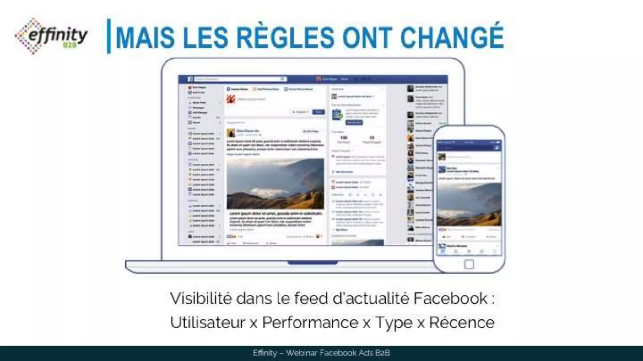 MAIS LES RÈGLES ONT CHANGÉ
Visibilité dans le feed d’actualité Facebook :
Utilisateur x Performance x Type x Récence
Effinity – Webinar Facebook Ads B2B
 
