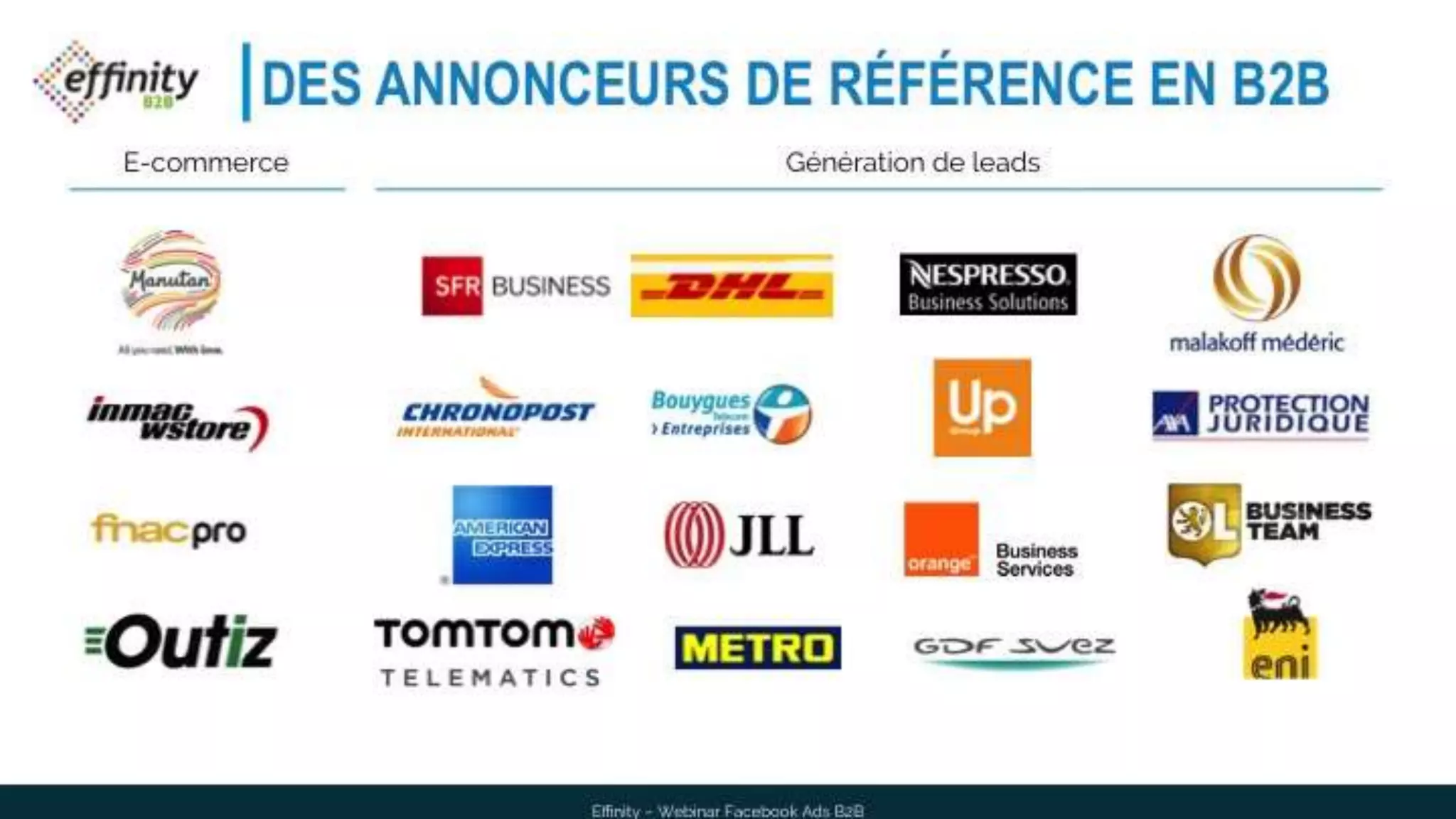 DES ANNONCEURS DE RÉFÉRENCE EN B2B
E-commerce Génération de leads
Effinity – Webinar Facebook Ads B2B
 