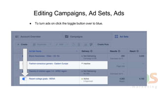 Editing Campaigns, Ad Sets, Ads
● To turn ads on click the toggle button over to blue.
 