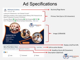 Ad Specifications
Business/Page Name
Primary Text (Up to 125 characters)
Image (1200x628)
Display Link/Final URL
Call-to-action Button
Headline (Up to 40 Characters)
Description (Optional)
 