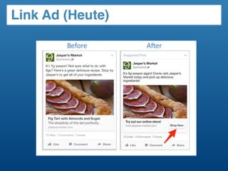 • Facebook beschneidet die Reichweite organischer Beiträge
massiv (ca. jeder 7. Fan sieht die Beiträge)
• Ohne Interaktion (Talking About Rate) geht die Fanpage langfristig
unter
• Facebook ist ein gewinnorientiertes Unternehmen - wer sich auf
gratis Reichweite verlässt und nicht bereit ist wenige Euro in die
Bewerbung von wichtigen Beiträgen (an Fans) zu stecken, sollte
sich ein anderes Medium suchen
4. Starke Begrenzung d. Reichweite
Warum Facebook Ads?
https://www.facebook.com/
feed/missed_stories
 