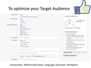 To optimize your Target Audience

Connections, Relationship status, Language, Education, Workplace

 