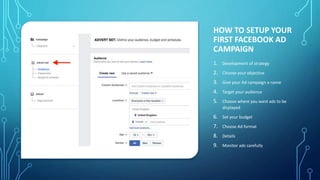 HOW TO SETUP YOUR
FIRST FACEBOOK AD
CAMPAIGN
1. Development of strategy
2. Choose your objective
3. Give your Ad campaign a name
4. Target your audience
5. Choose where you want ads to be
displayed
6. Set your budget
7. Choose Ad format
8. Details
9. Monitor ads carefully
 